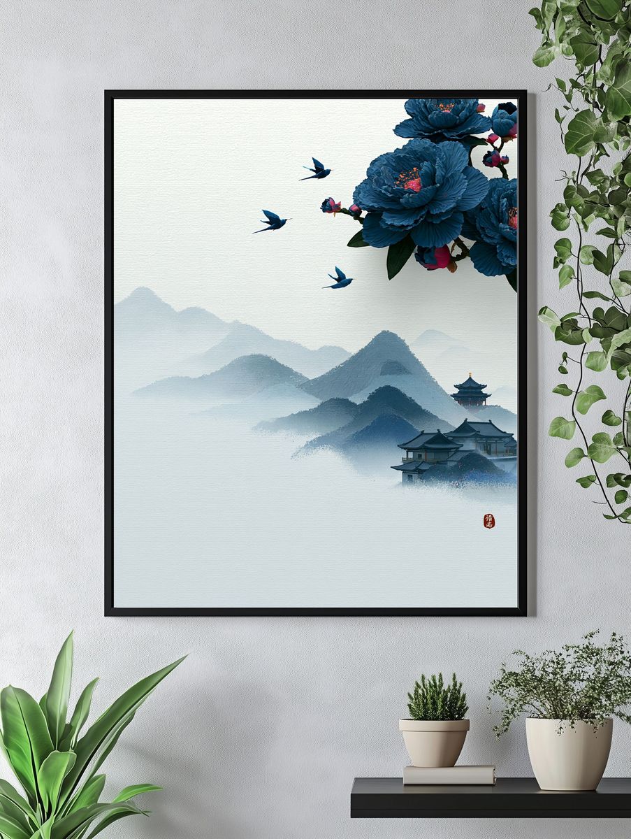 Blue Blossom Mountains Print. — room view 4