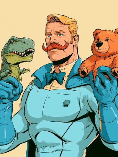 Retro Hero with Dino and Teddy Poster.