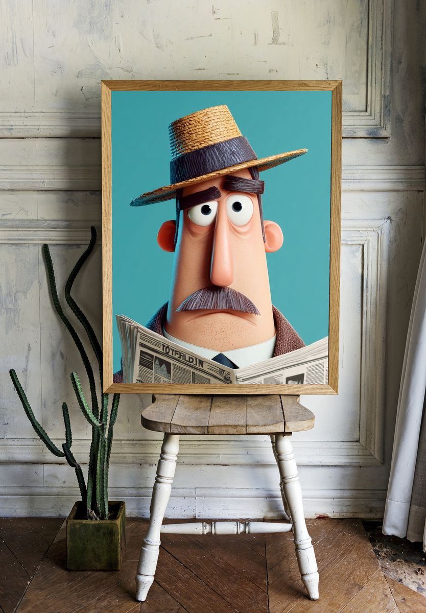 Stylized Man Reading Newspaper Illustration Poster. room preview