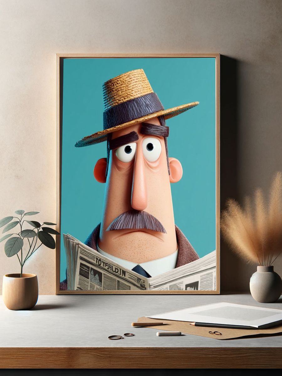 Stylized Man Reading Newspaper Illustration Poster. — room view 2