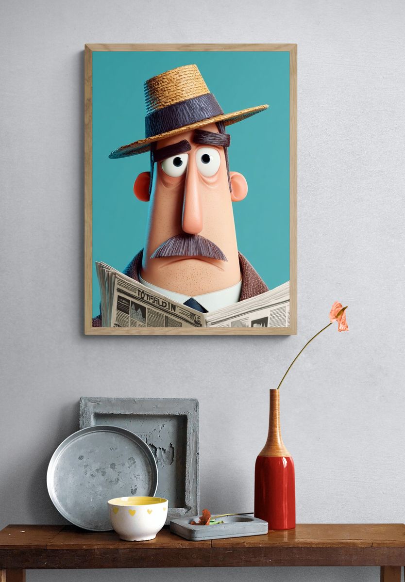Stylized Man Reading Newspaper Illustration Poster. — room view 3