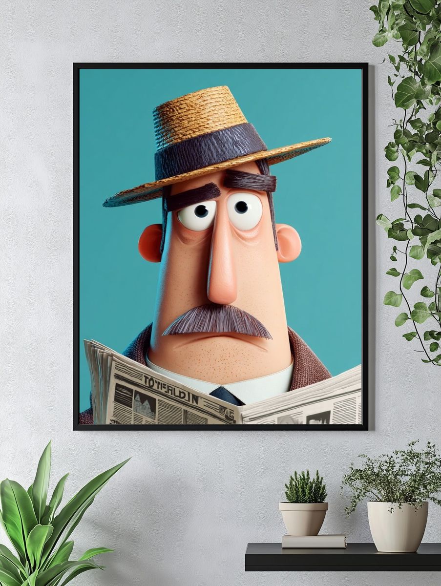 Stylized Man Reading Newspaper Illustration Poster. — room view 4