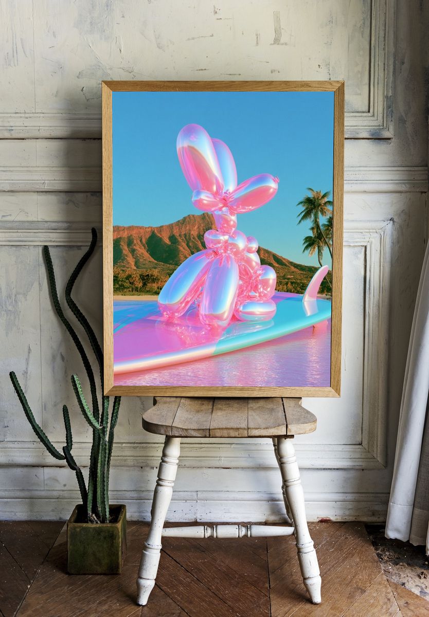 Neon Surf Bunny Illustration Poster. room preview