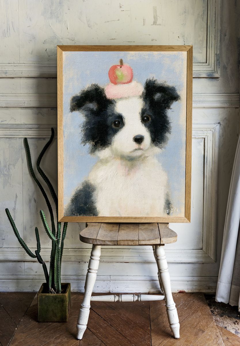 Puppy with Apple Illustration Print. room preview