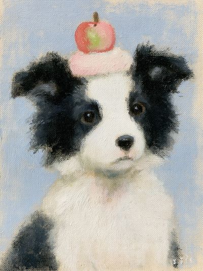 Puppy with Apple Illustration Print.