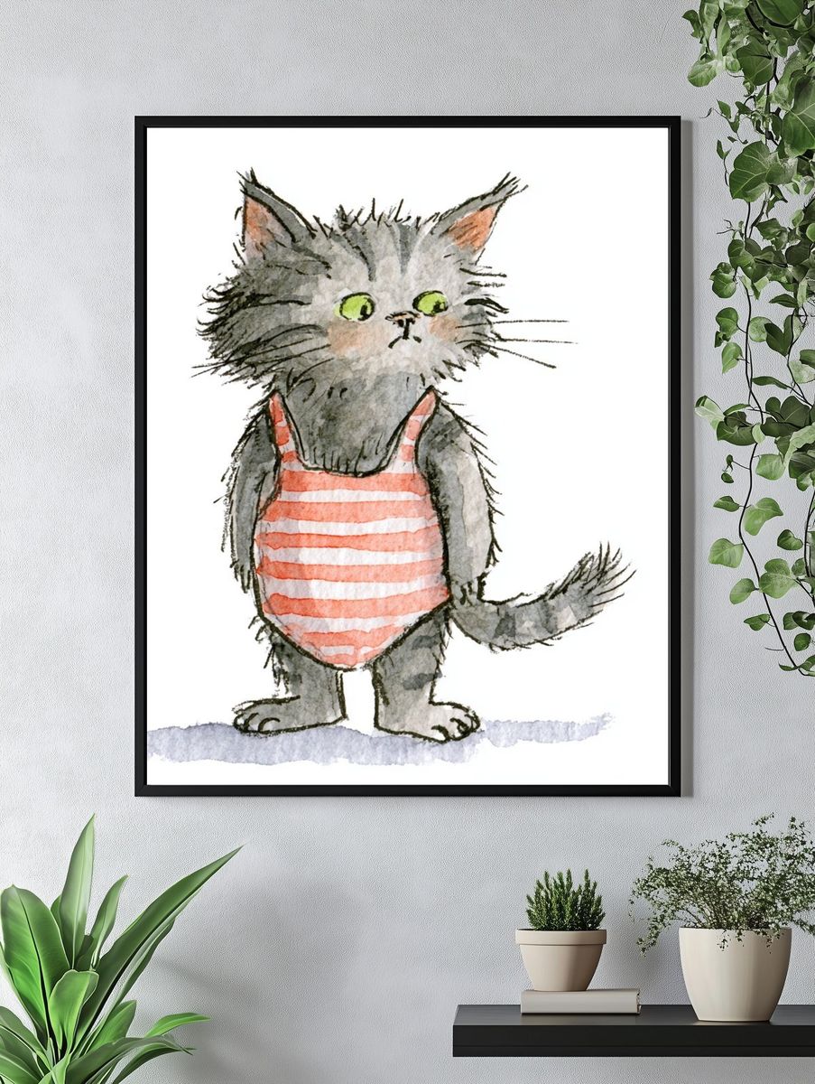 Striped Cat Watercolor Print. — room view 4