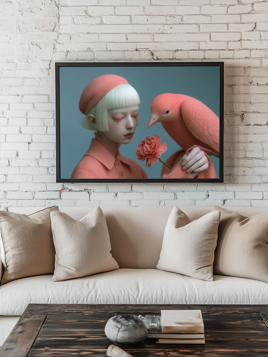 Dreamlike Girl and Bird Illustration Poster. room preview