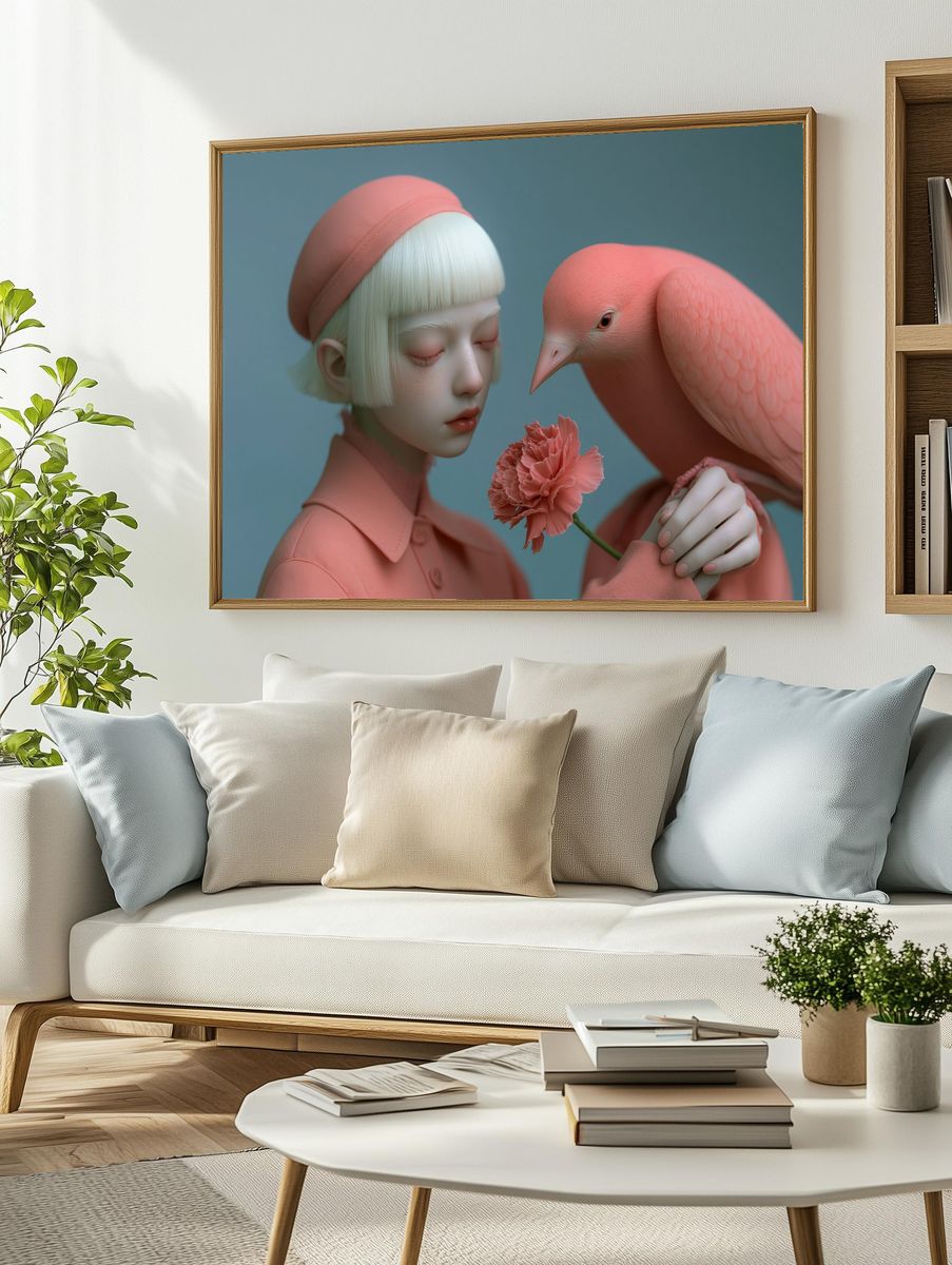 Dreamlike Girl and Bird Illustration Poster. — room view 2