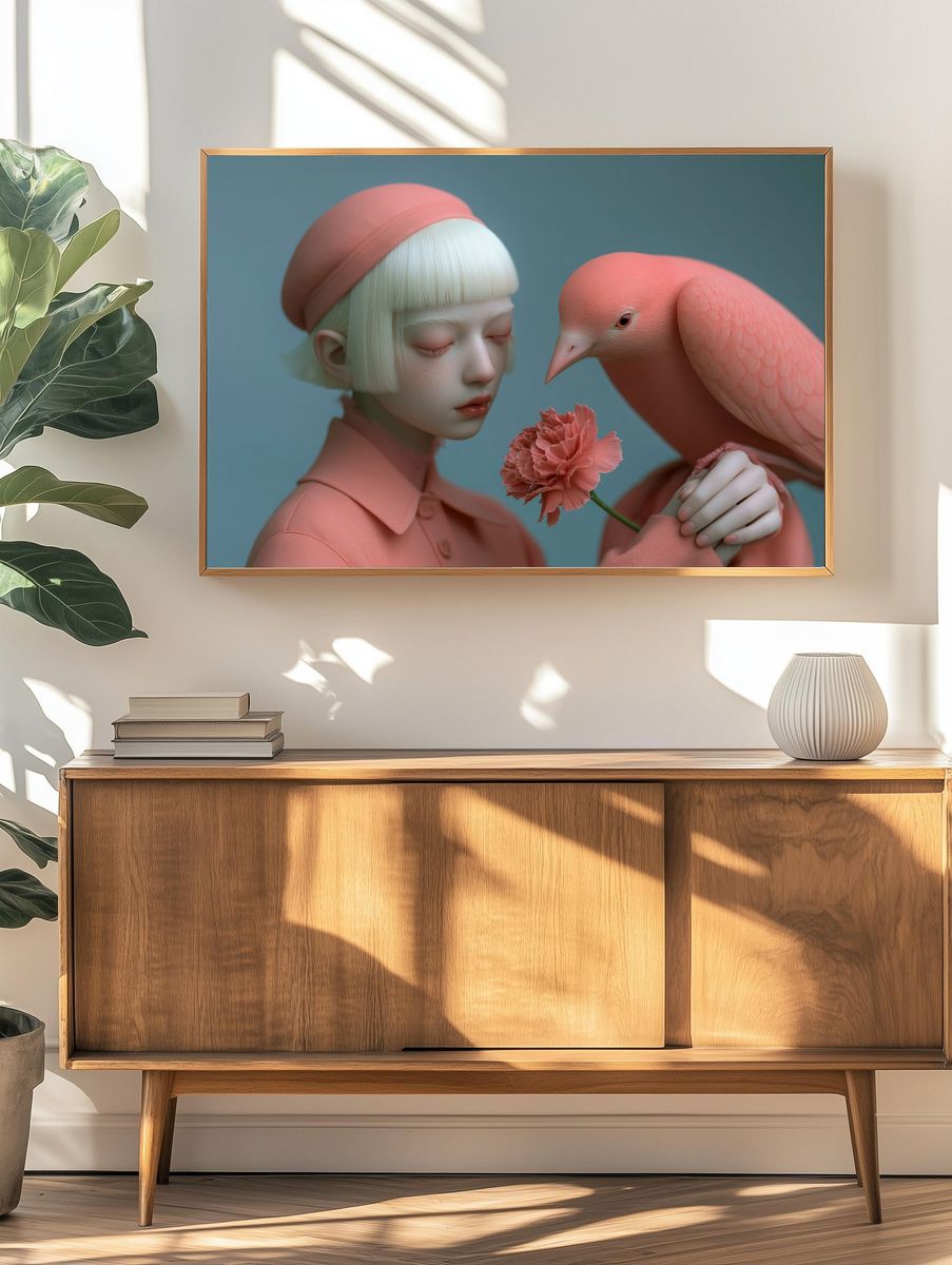 Dreamlike Girl and Bird Illustration Poster. — room view 3