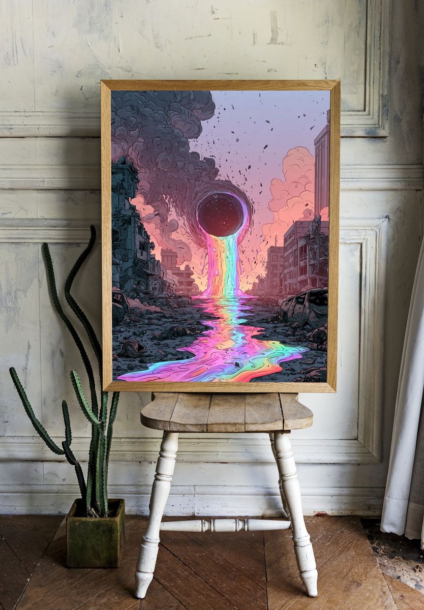 Neon Black Hole Cityscape Poster. room preview