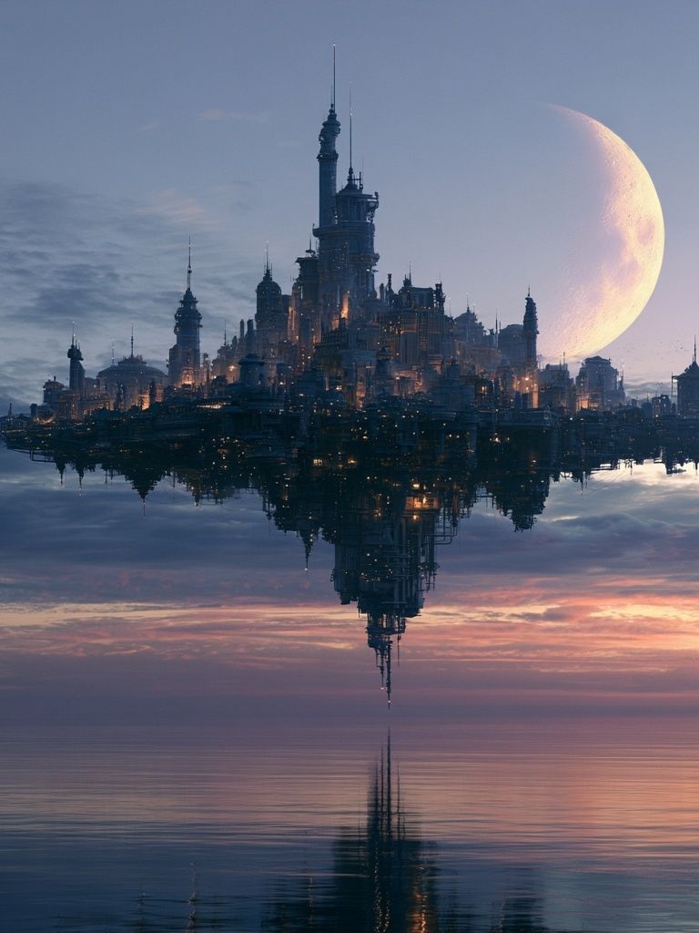 Floating Moon City Sci-Fi Print. poster detail
