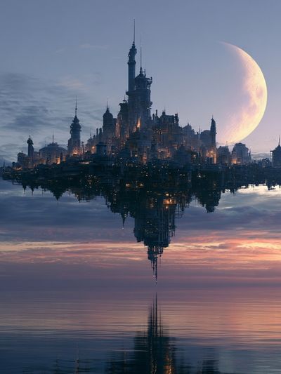 Floating Moon City Sci-Fi Print. poster