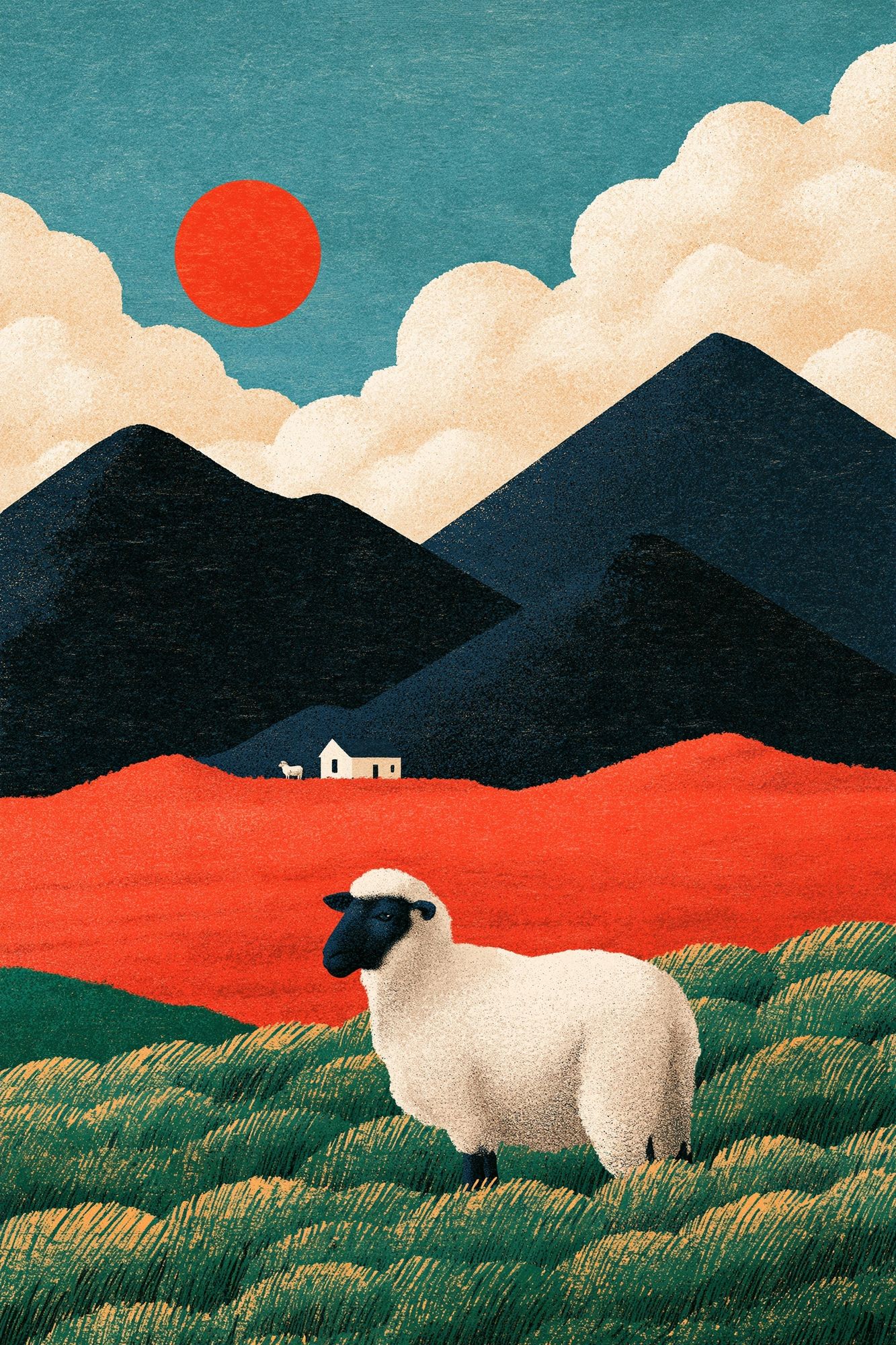 Sheep in Mountain Landscape Illustration Poster. poster — illustration art