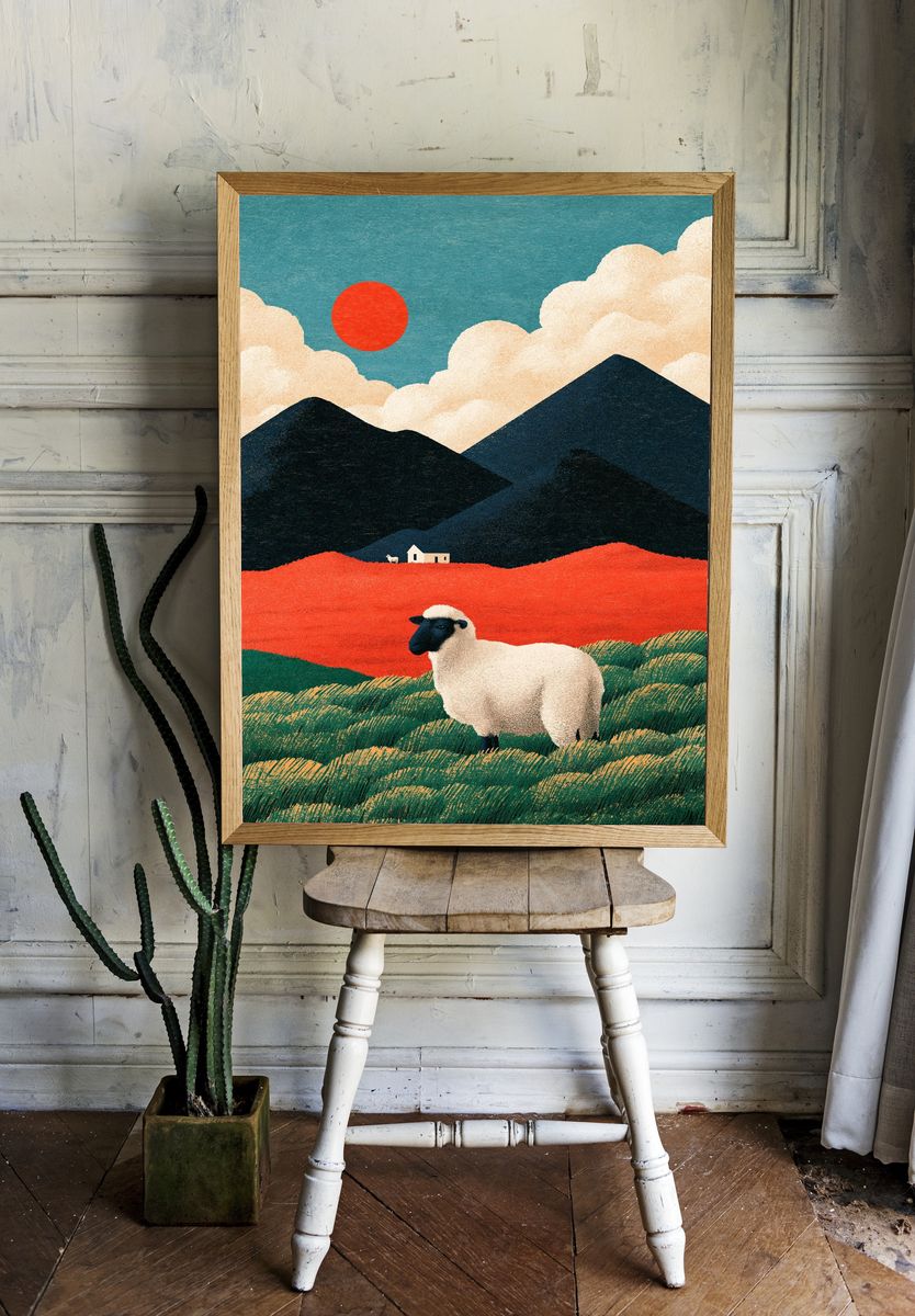 Sheep in Mountain Landscape Illustration Poster. room preview
