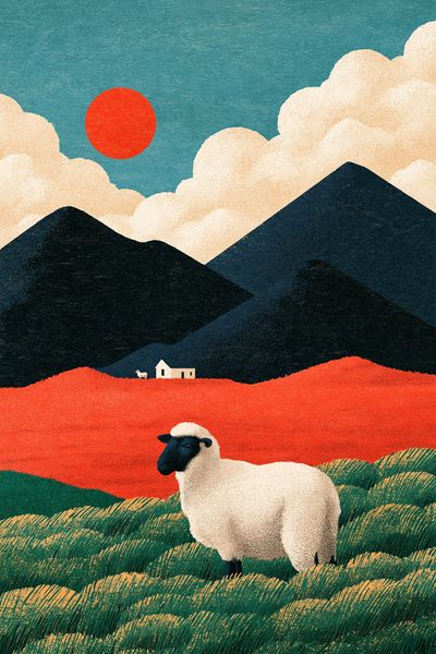 Sheep in Mountain Landscape Illustration Poster.