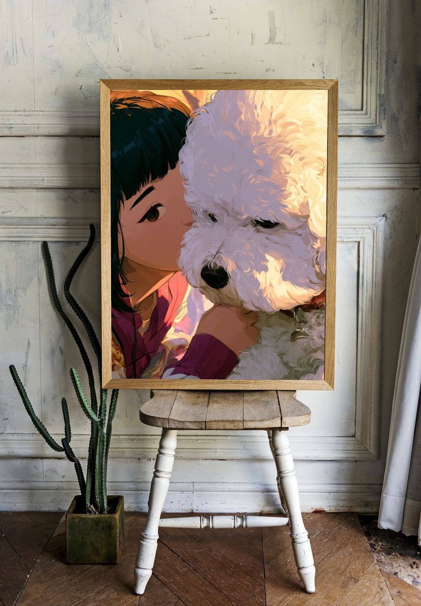 Girl and Poodle Portrait Print. room preview