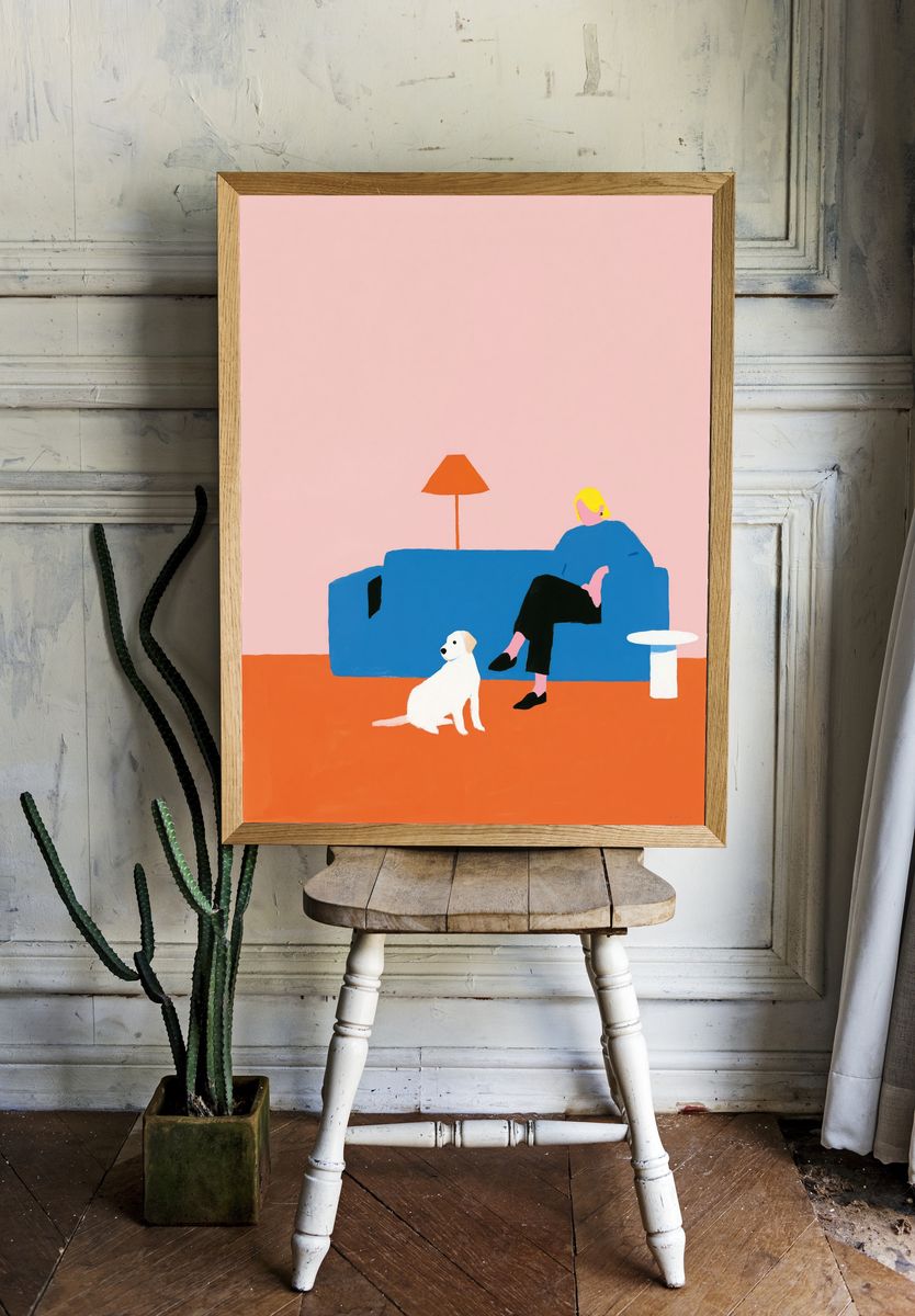 Dog and Sofa Illustration Poster. — room view 1