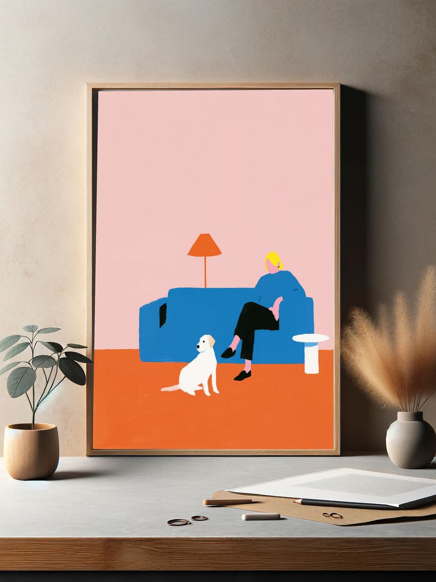 Dog and Sofa Illustration Poster. — room view 2