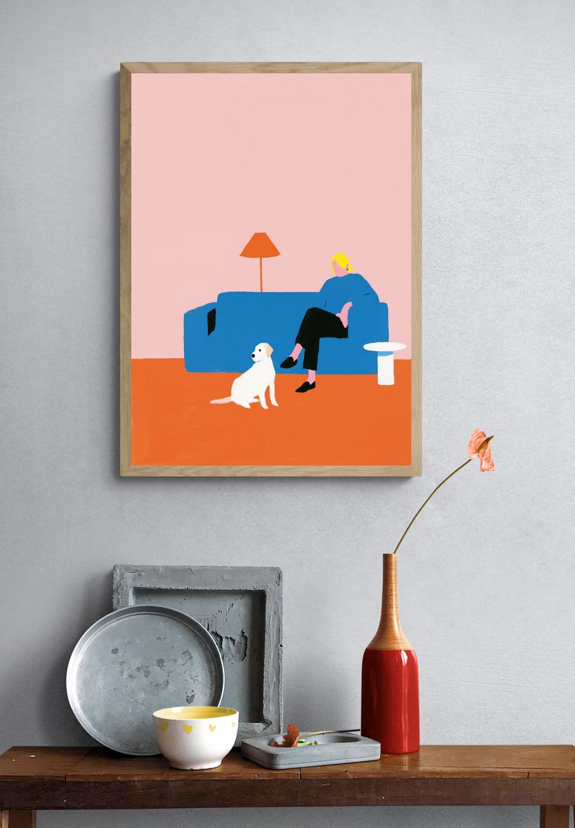 Dog and Sofa Illustration Poster. — room view 3