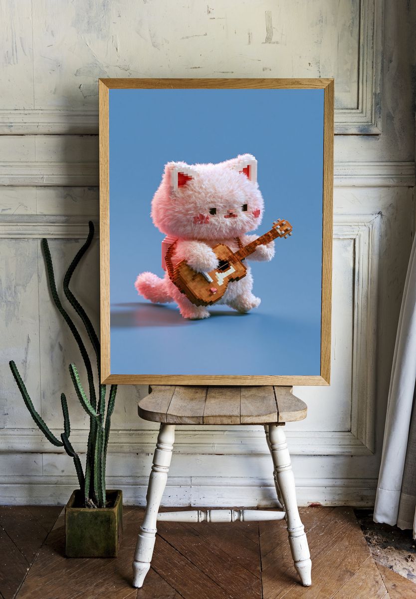 Pixel Cat Guitar Illustration Poster. — room view 1