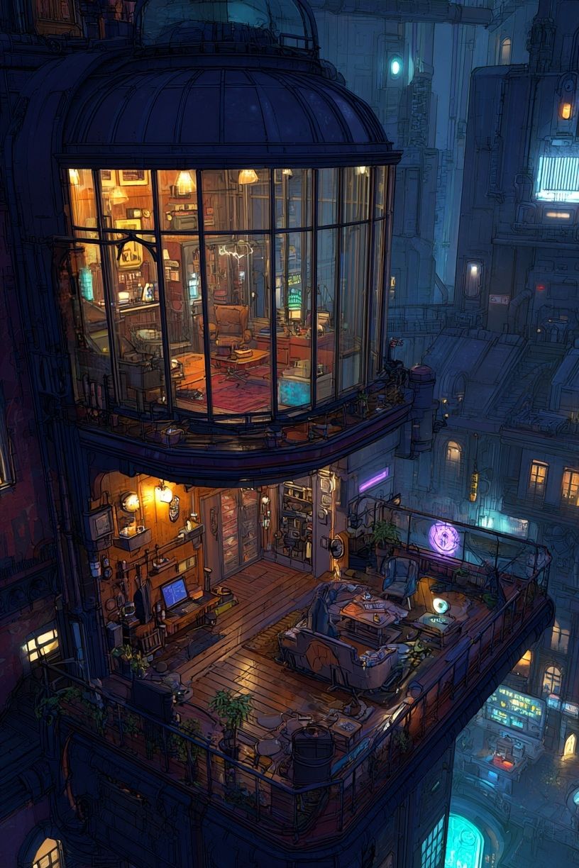 Cyberpunk Rooftop Apartment Print. poster — illustration art