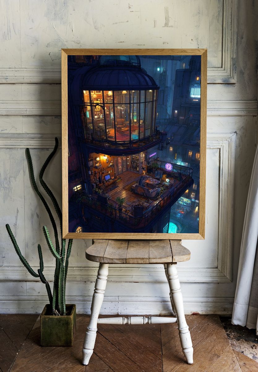 Cyberpunk Rooftop Apartment Print. — room view 1