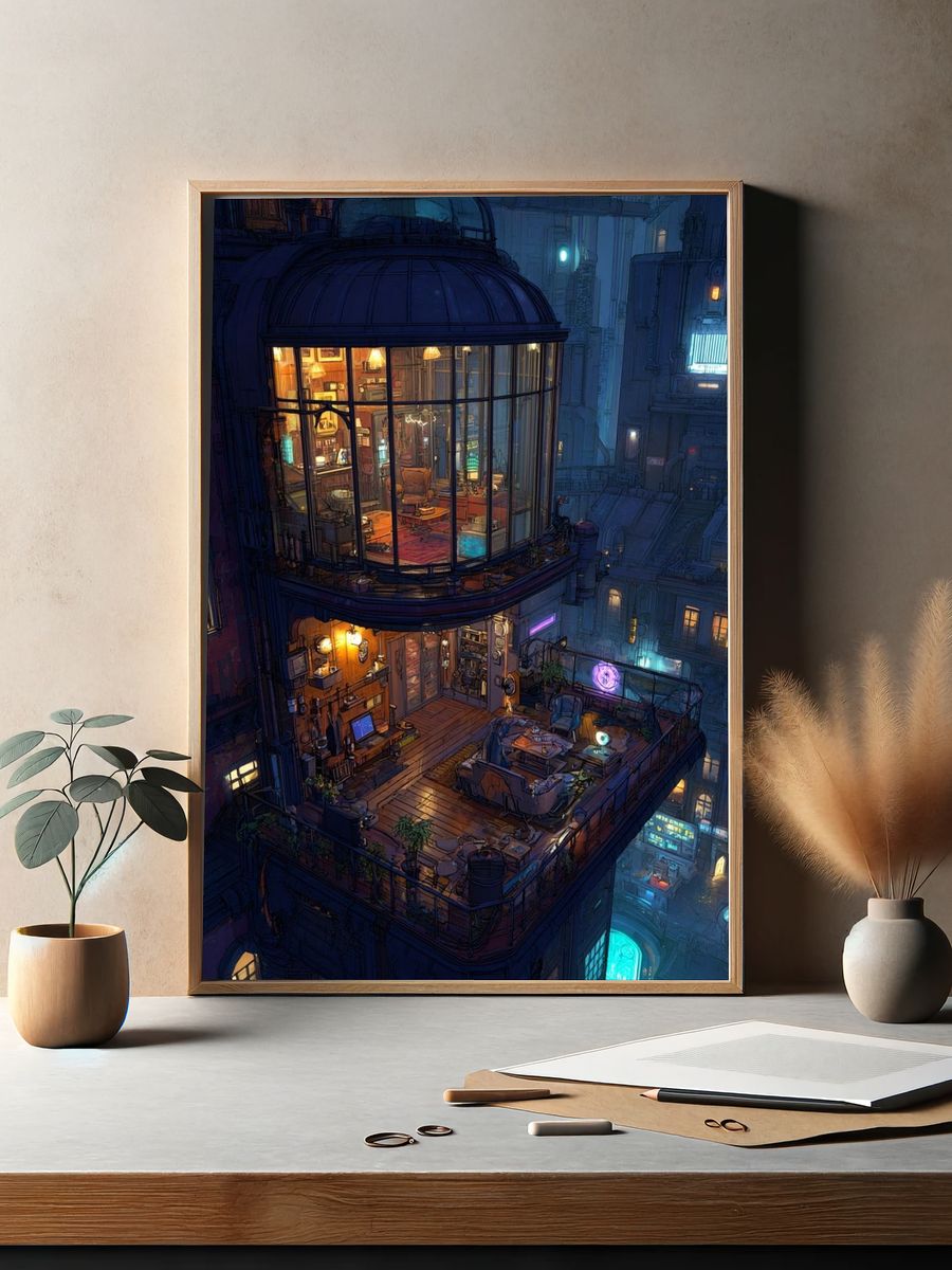 Cyberpunk Rooftop Apartment Print. — room view 2