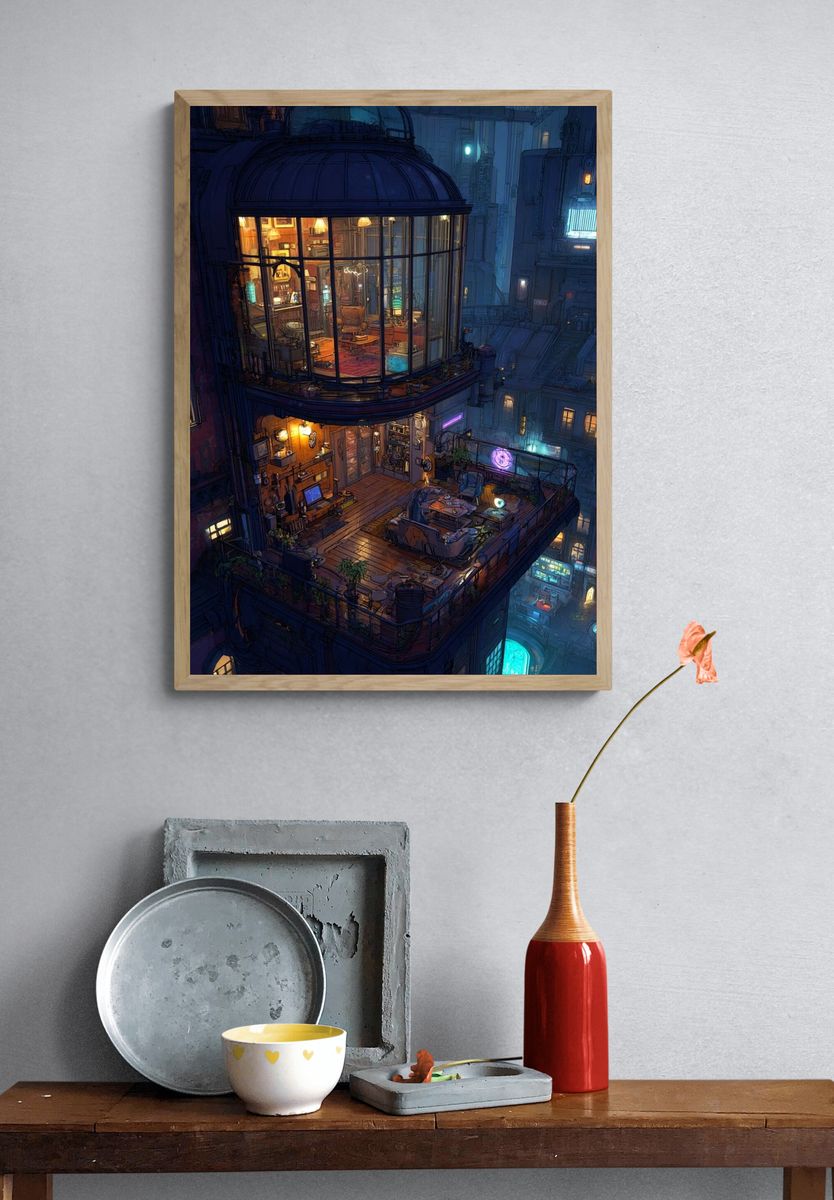 Cyberpunk Rooftop Apartment Print. — room view 3