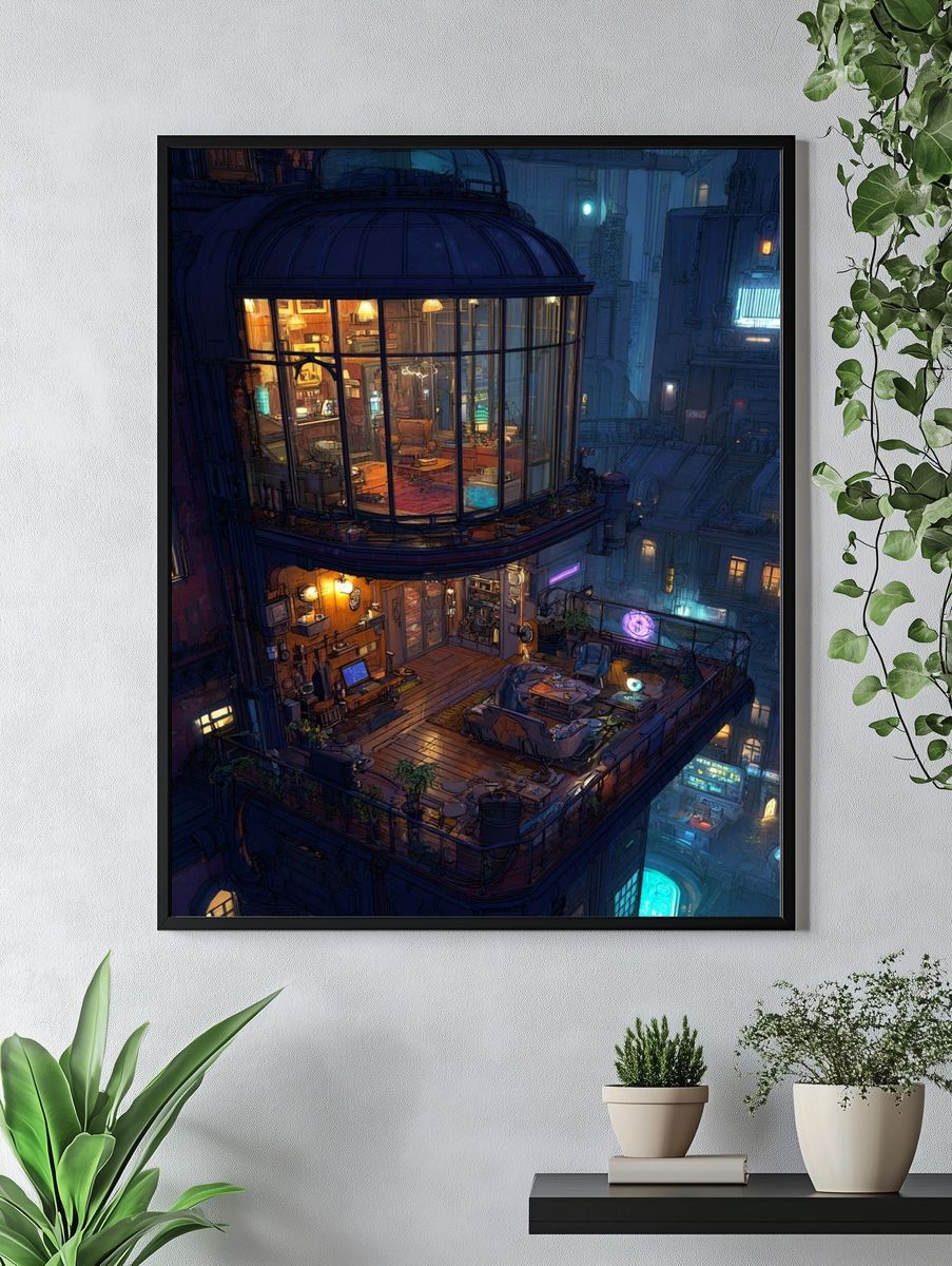 Cyberpunk Rooftop Apartment Print. — room view 4