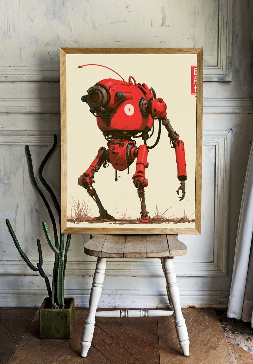 Red Mech Robot Digital Art Poster. room preview