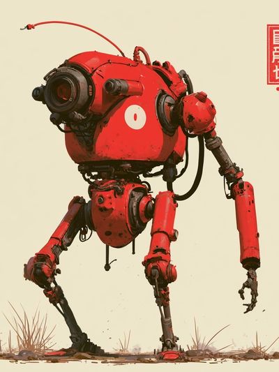 Red Mech Robot Digital Art Poster. poster