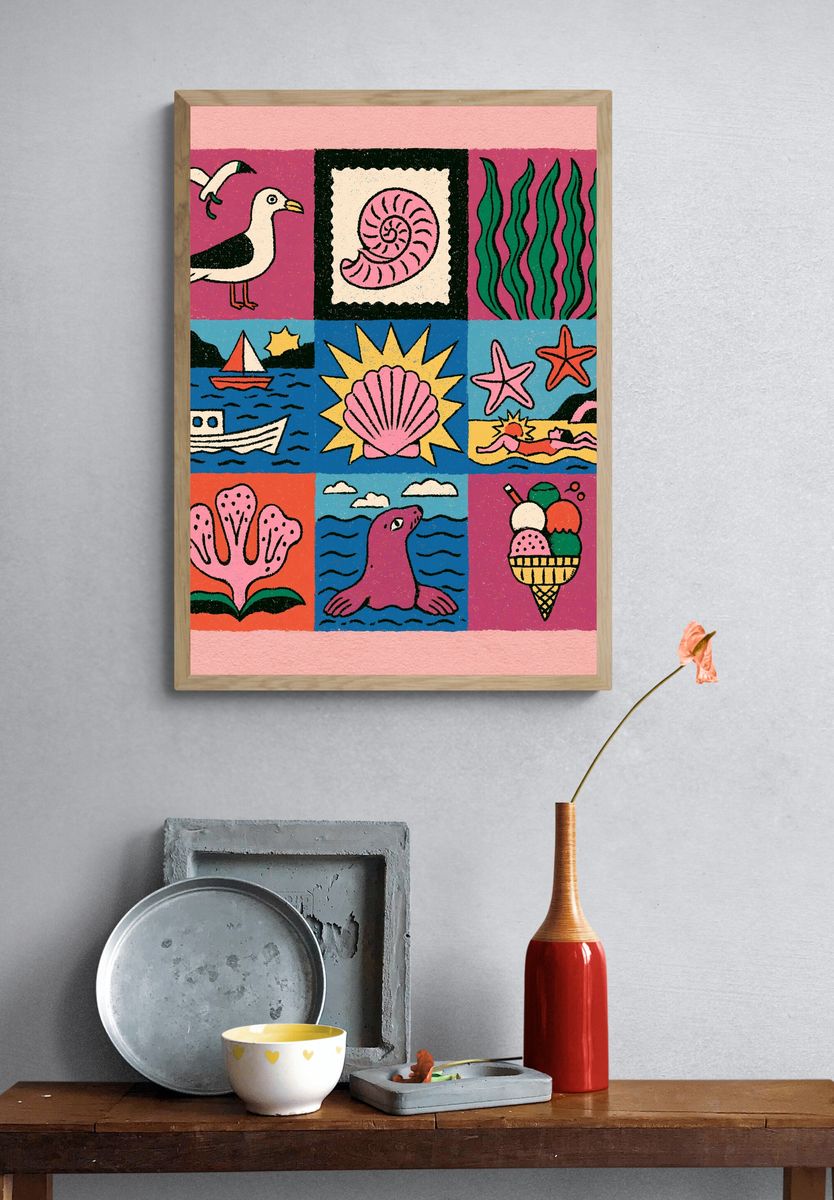 Seaside Collage Illustration Poster. — room view 3