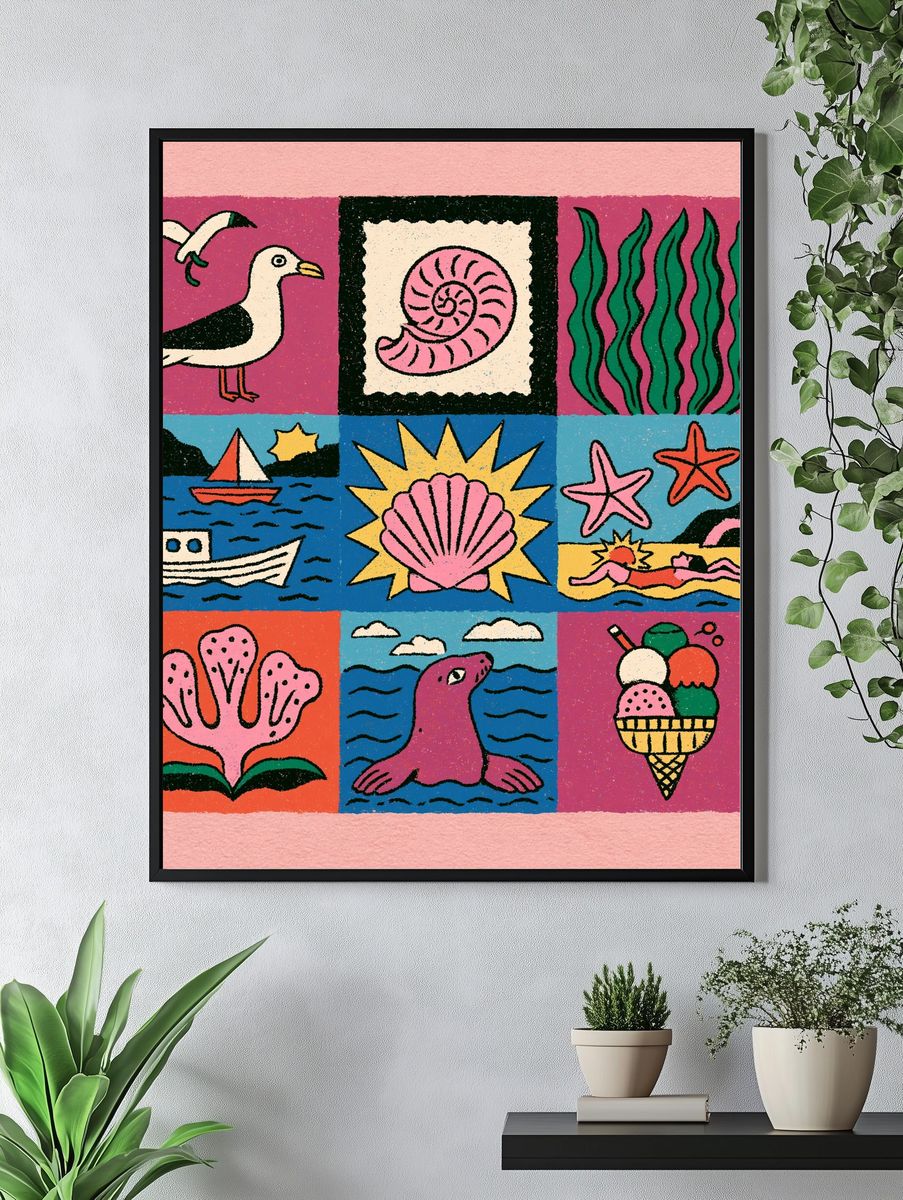 Seaside Collage Illustration Poster. — room view 4