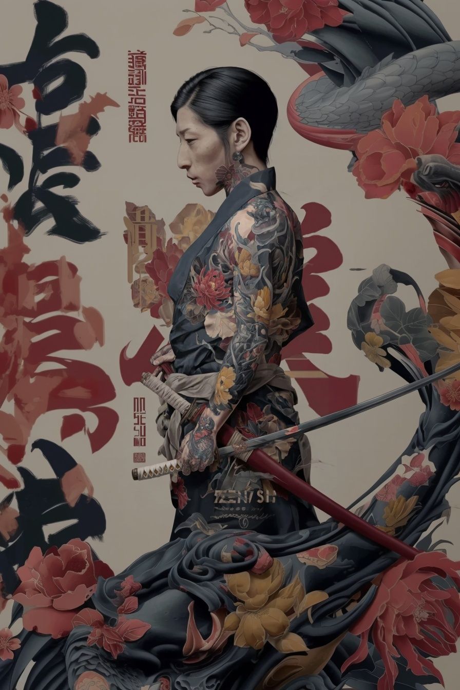 Samurai Geisha Floral Illustration Poster. poster — illustration art