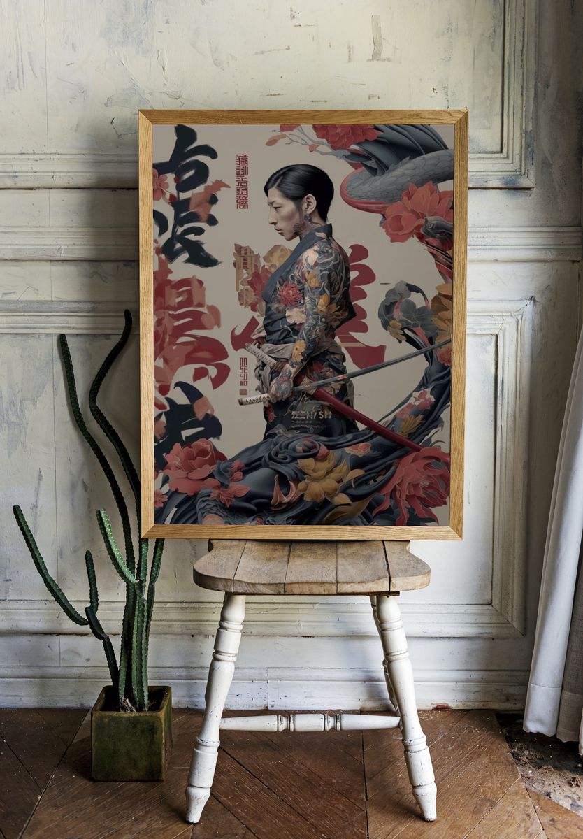 Samurai Geisha Floral Illustration Poster. — room view 1