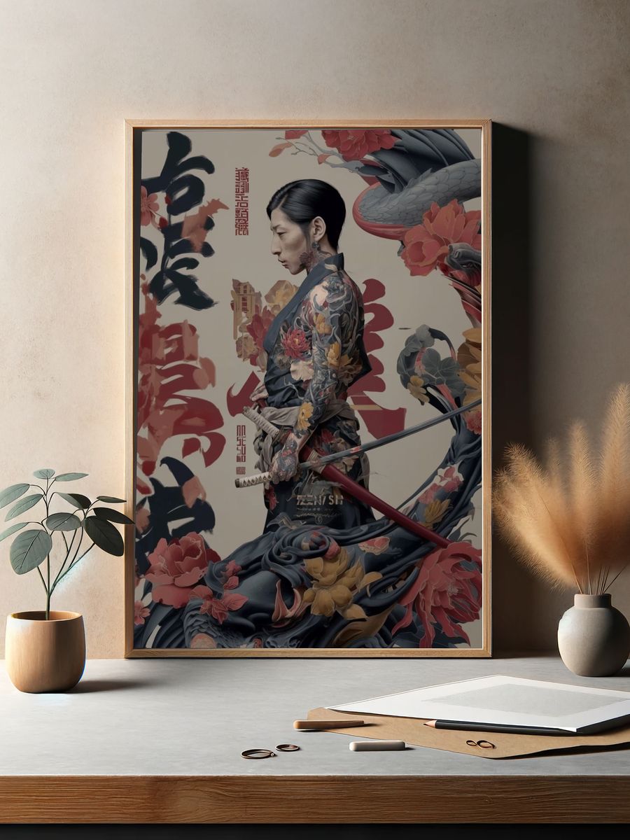 Samurai Geisha Floral Illustration Poster. — room view 2