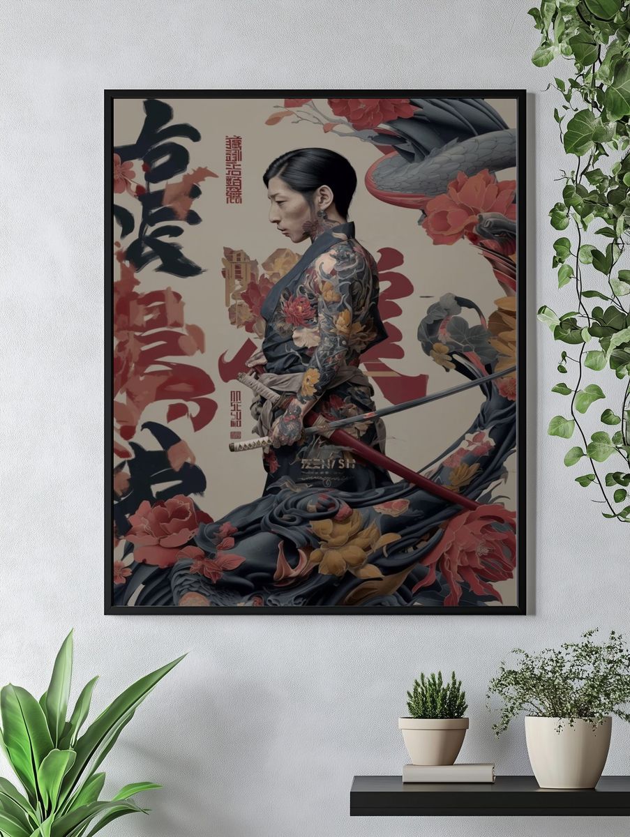 Samurai Geisha Floral Illustration Poster. — room view 4