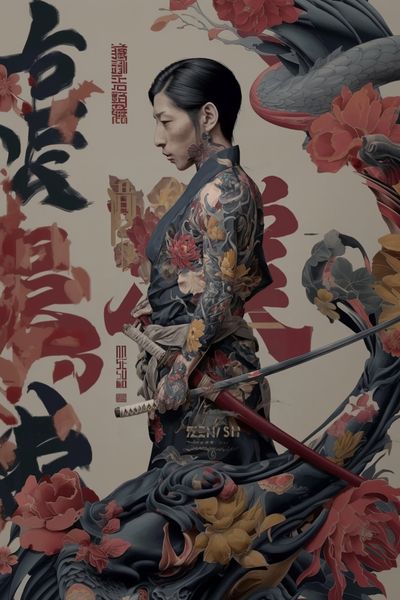 Samurai Geisha Floral Illustration Poster.