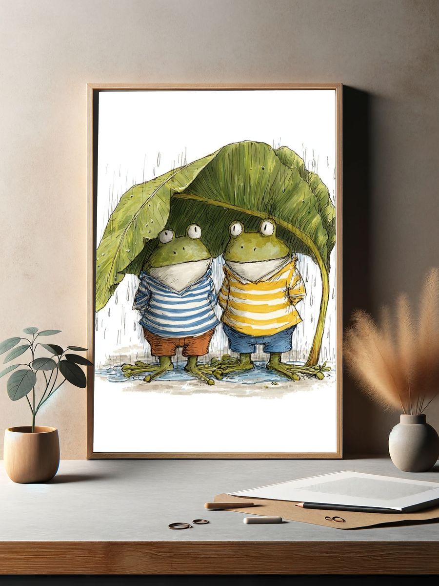 Rainy Frogs Illustration Poster. — room view 2