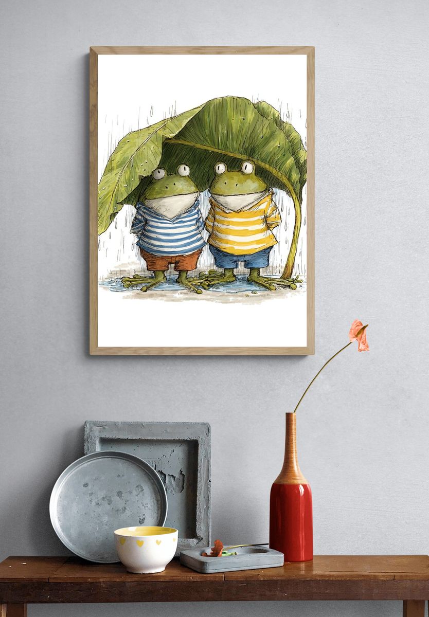 Rainy Frogs Illustration Poster. — room view 3