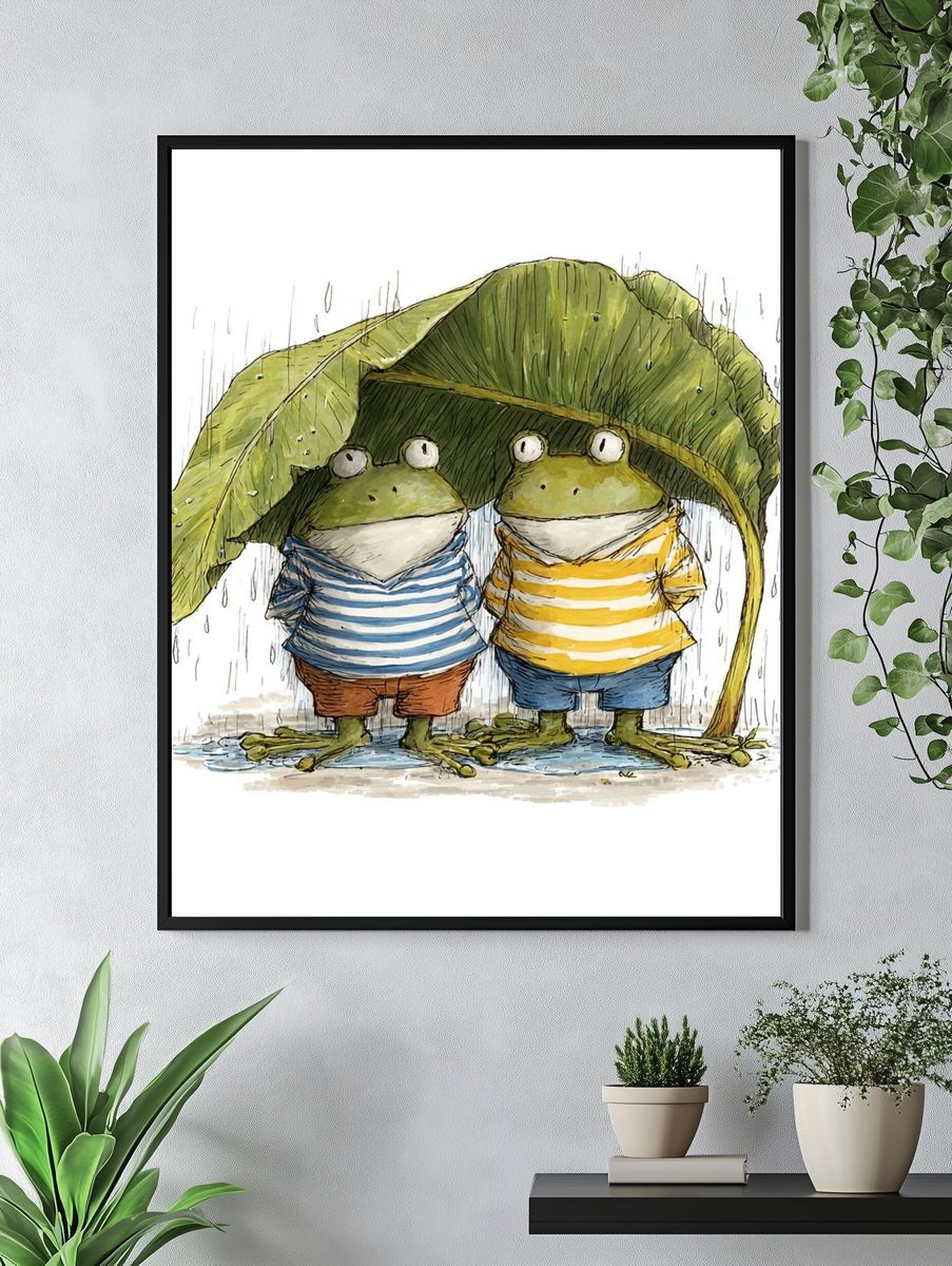 Rainy Frogs Illustration Poster. — room view 4