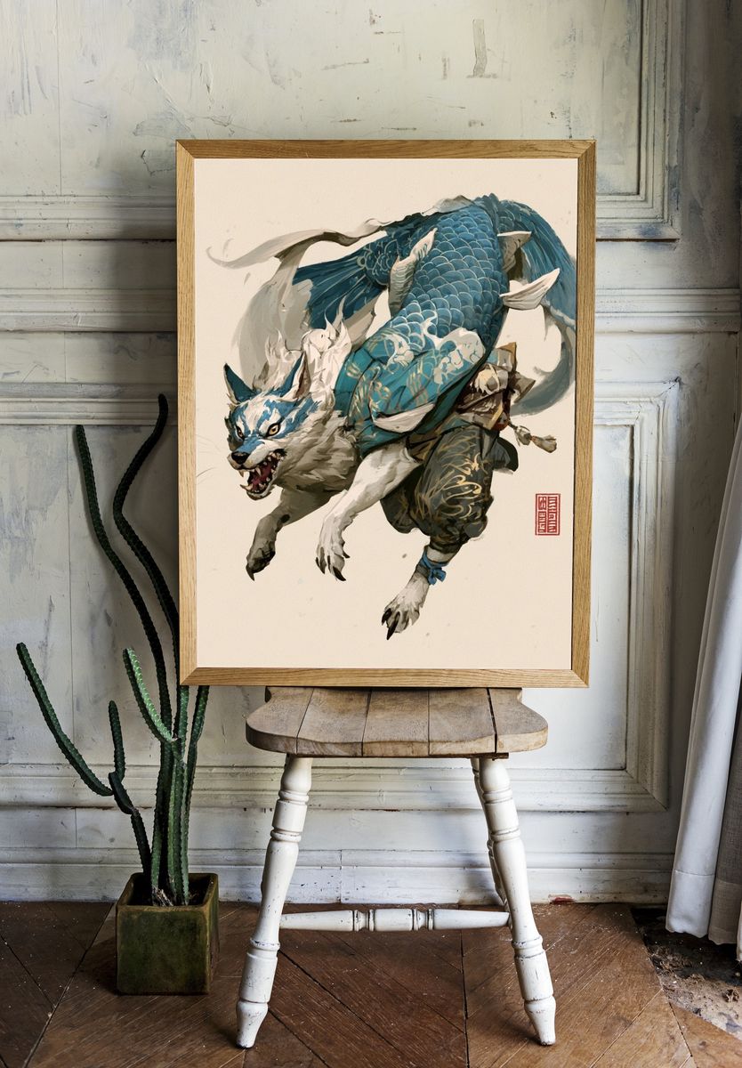 Blue Koi Wolf Illustration Poster. room preview