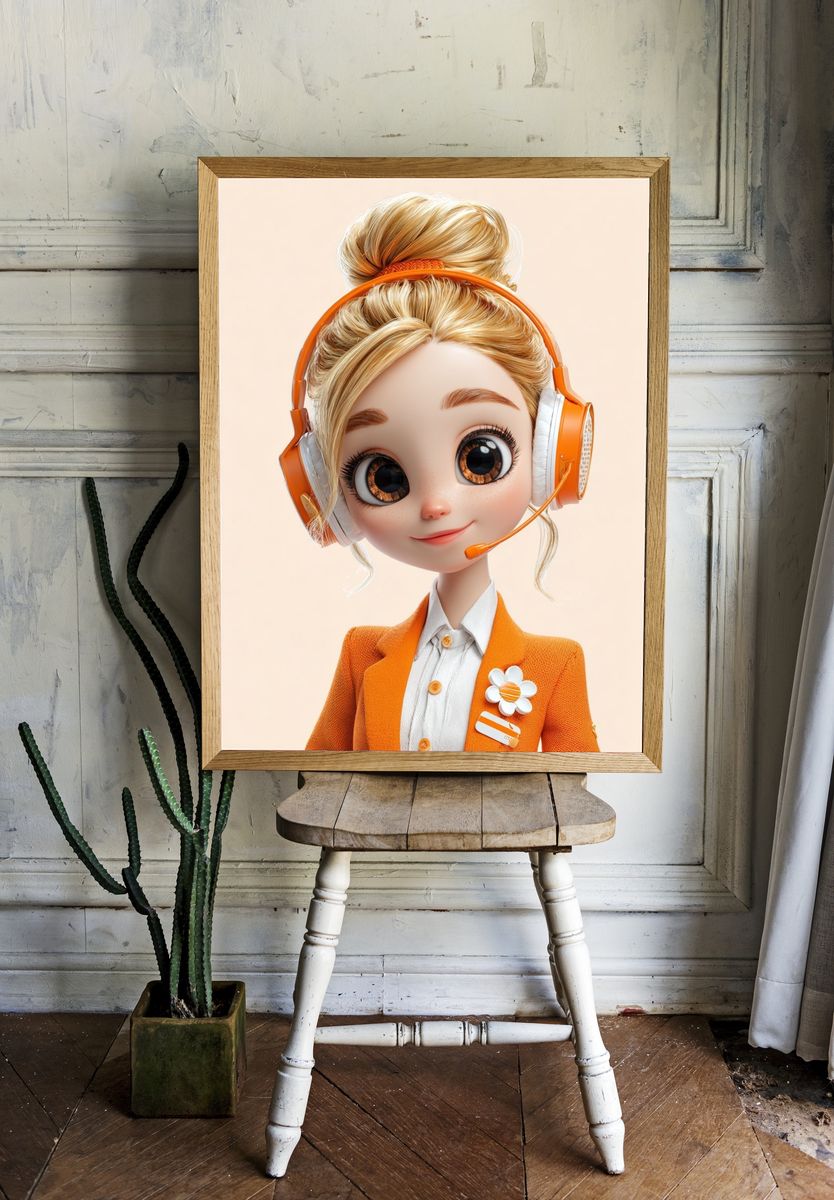 Orange Headset Girl Illustration Poster. room preview