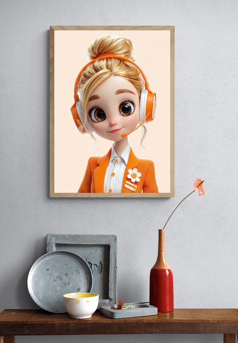 Orange Headset Girl Illustration Poster. — room view 3