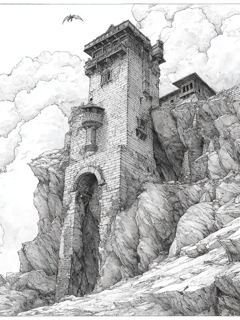 Mountain Fortress Ink Poster. poster — illustration art