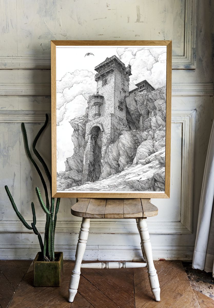 Mountain Fortress Ink Poster. — room view 1