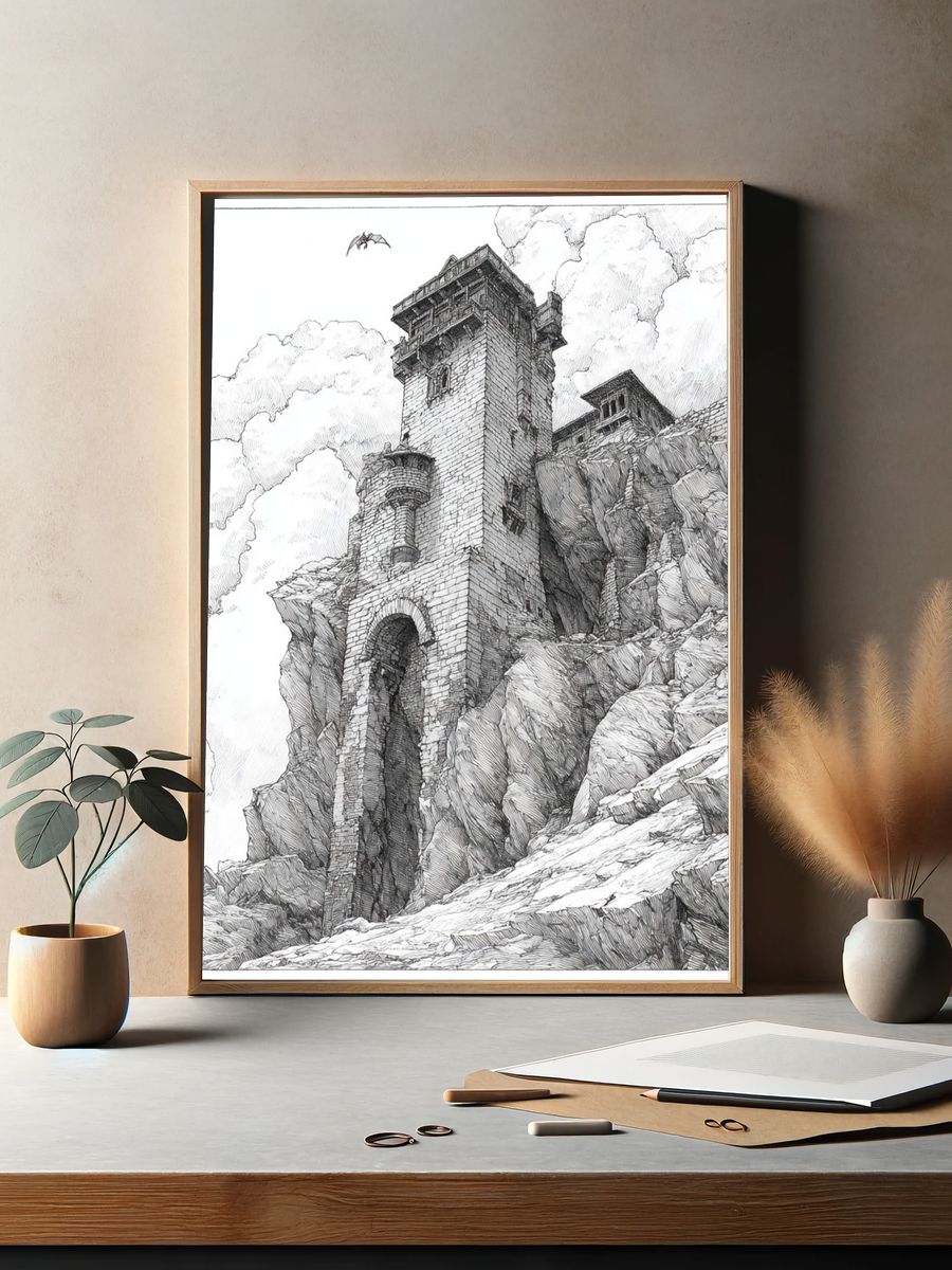 Mountain Fortress Ink Poster. — room view 2