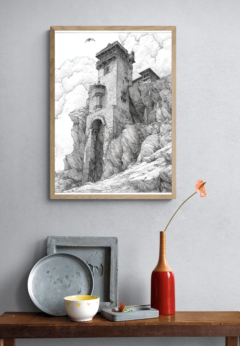 Mountain Fortress Ink Poster. — room view 3