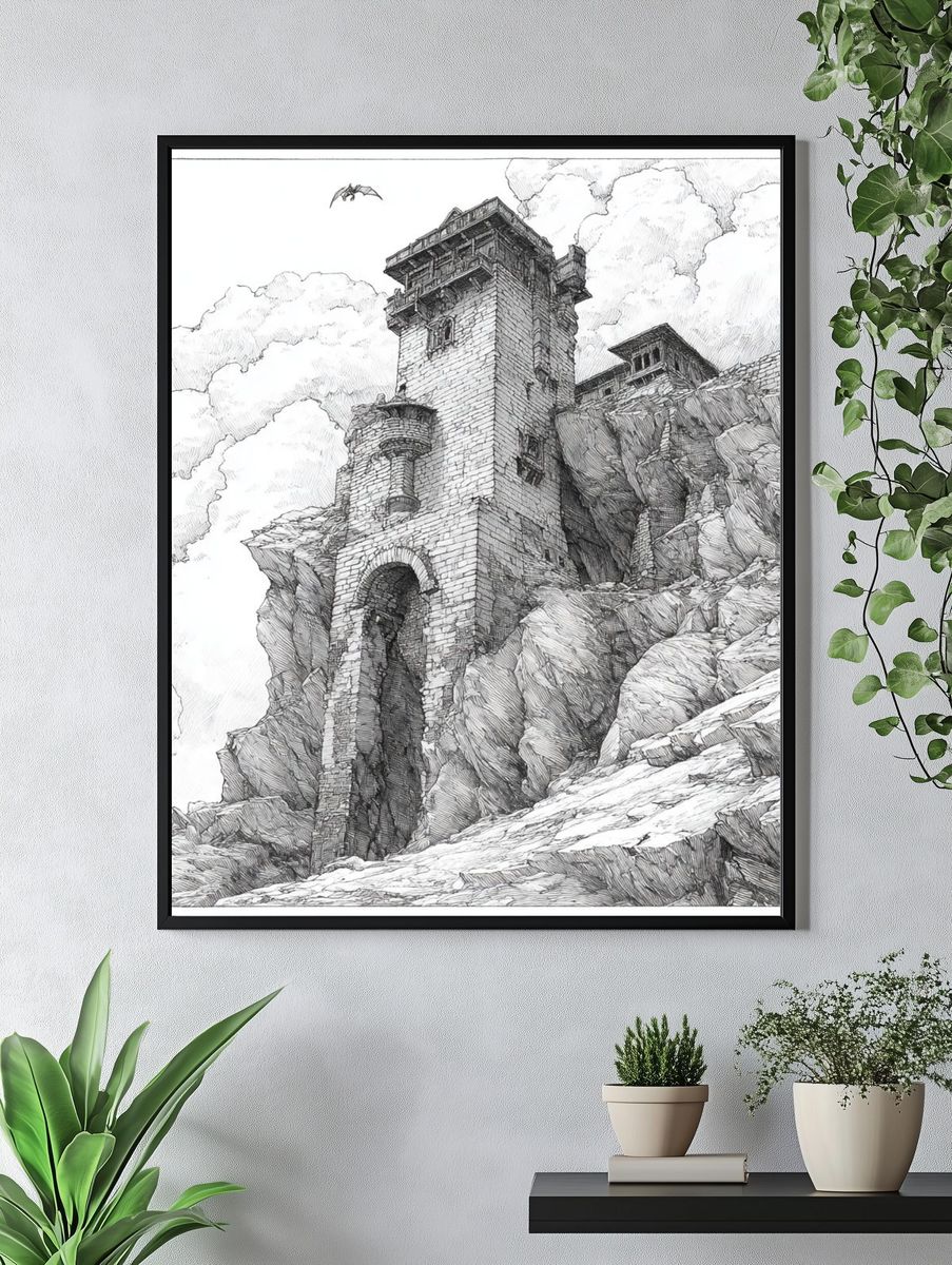 Mountain Fortress Ink Poster. — room view 4