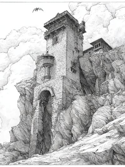 Mountain Fortress Ink Poster.